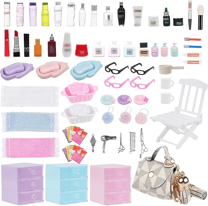 77 Pcs Miniature Dollhouse Accessories, Dollhouse Bathroom Accessories Set with Storage Cases Cosmetic Set Towel Shampoo Perfume Hair Dryer Comb Mask Soap Toiletries Set for Girl Micro Scene