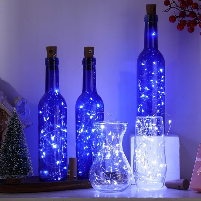 Rtteri 12 Sets Small Empty Wine Bottles with Cork Lights Centerpiece and 30 LED Battery Operated Cork Lights for Birthday Wedding Party Decoration(375 ml,Blue Bottle)