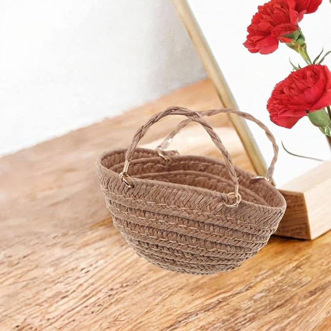 RCULWPLP 1/12 Scale Dollhouse Woven Handbag, Miniature Furniture Accessory, DIY Play Item, Tiny Basket, Khaki