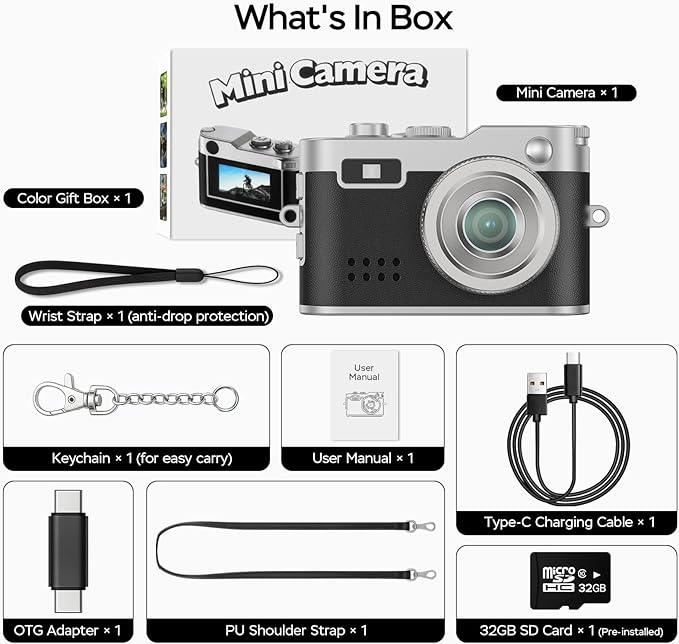 Mini Digital Camera, 1080P HD Tiny Retro Keychain Camera with 32GB Card, 0.96" Screen & OTG Adapter, Vintage Compact Micro Pocket Camera for Travel, Concert, Study Recording, Black