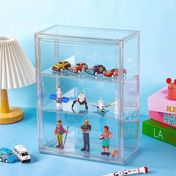 4 Pcs Clear Acrylic Display Case 3 Tier Display Shelf Storage Boxes Cabinet Organizer with Magnetic Door for Figures Toys (Clear)