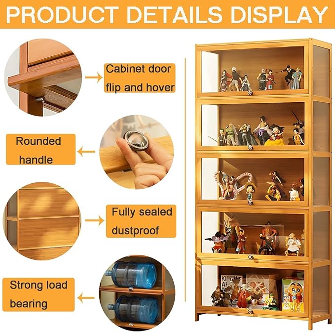 Display Cabinet with Acrylic Glass Doors, 5-Tier Bamboo Curio Display Case for Figures - Display Shelves for Collectibles & Toy Display Cabinet for Home, Office, Playroom, Living Room