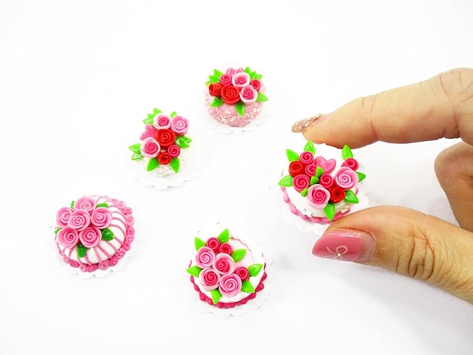 Dollhouse Miniatures Food Set 2cm 5 Mixed Rose Flower Cake Supply Charms 13702