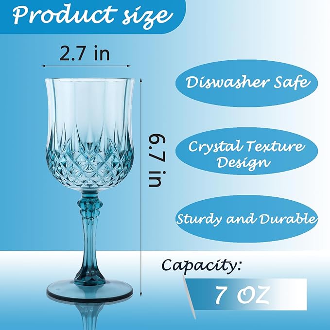 LEYIQU Plastic Wine Glasses, Plastic Goblets Vintage Style Cordial Drinking Glasses for Valentine’s Day, Wedding Reception, Grand Event Party Supplies (12, Dusty Blue)