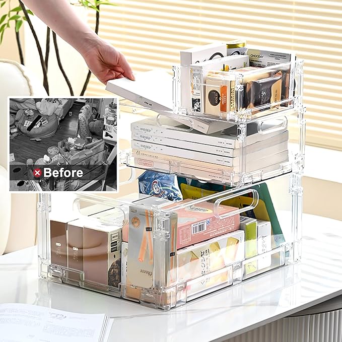 2-Pack Foldable Plastic Baskets, Stackable Storage Baskets with Handles for Organizing and Storage, Foldable Crate for Office, Home, Bedroom, Outdoor (8.07"x 6.1" x 3.74")