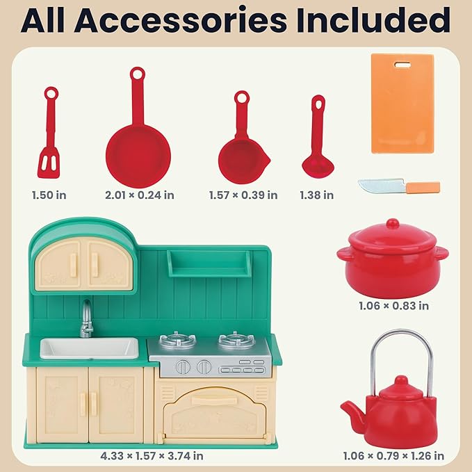 Family Dollhouse Kitchen Set — Miniature Stove, Sink & Oven with Frying Pan, Saucepan, Kettle, Utensils & Cutting Board — Dollhouse Furniture & Accessories for Ages 3+