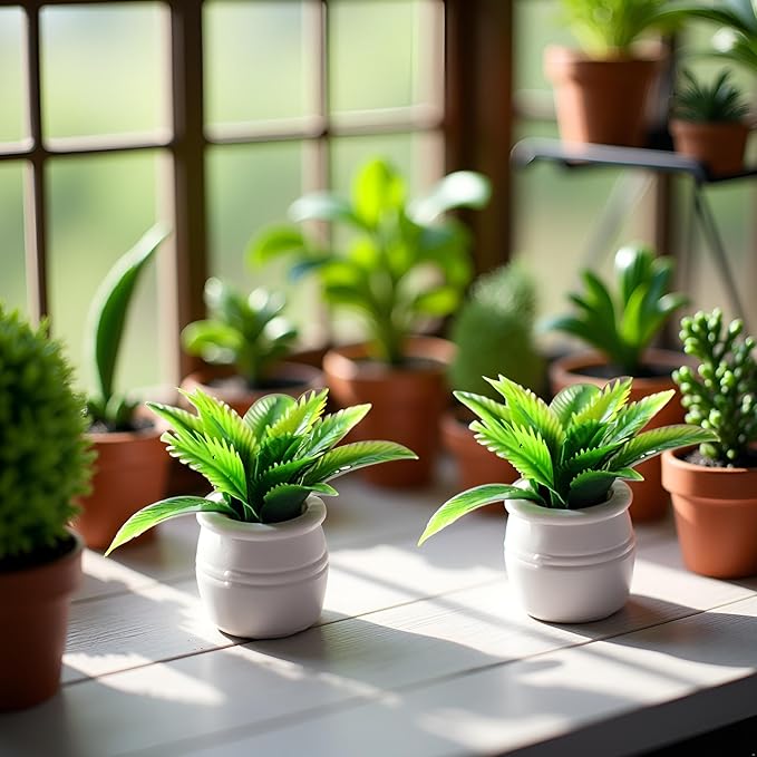 2 Pieces Dollhouse Decoration Plant Pots Miniature Green Potted Bonsai Model Dollhouse Accessories Decor,1:12 Scale Doll House Miniature Plant Model, DIY Decoration Props Accessories
