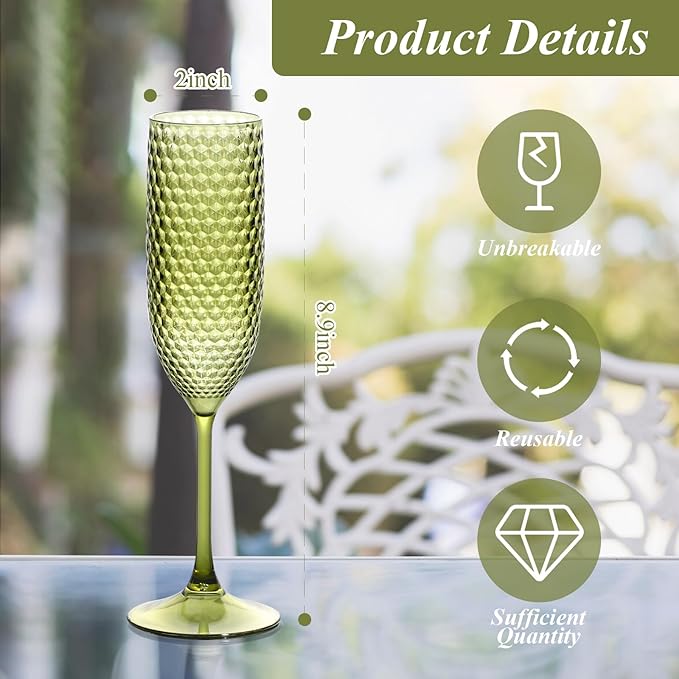 SKLENICE Plastic Champagne Flutes Champagne Glasses Unbreakable Wedding Toasting Glasses Reusable Diamond Wine Glasses Crystal Clear Party Wine Cups Vintage Drinking 5.5 OZ for Wedding (12, Green)