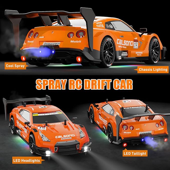 1:16 Spray RC Drift Car for Kids 4WD 2.4GHz 40KM/H High Speed Remote Control Car with LED Lights Drifting Tires & 2 Batteries, Racing Sport Toy for Boys Girls (Orange)