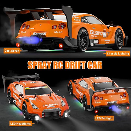 1:16 Spray RC Drift Car for Kids 4WD 2.4GHz 40KM/H High Speed Remote Control Car with LED Lights Drifting Tires & 2 Batteries, Racing Sport Toy for Boys Girls (Orange)