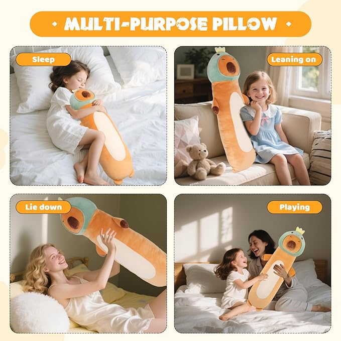 36 inch Extra Capybara Plush Long Pillow Toy Soft Stuffed Animal with Cute Dinosaur, Large Cuddle Sleeping Body Capybara Brown Big Plushies Gifts for Kids Boys Girls, Birthday, Halloween, Christmas