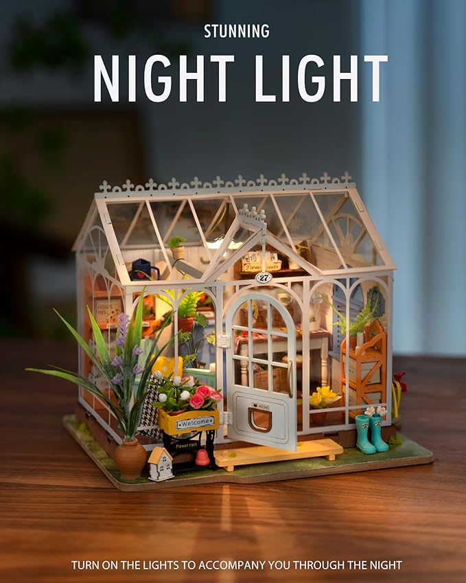 Rolife DIY Miniature Dollhouse Kit, Build 9.6" Greenhouse Diorama Kit Building Set with LED Room Hobby Craft for Aduls Uniue Gifts for Teens (Dreamy Garden)