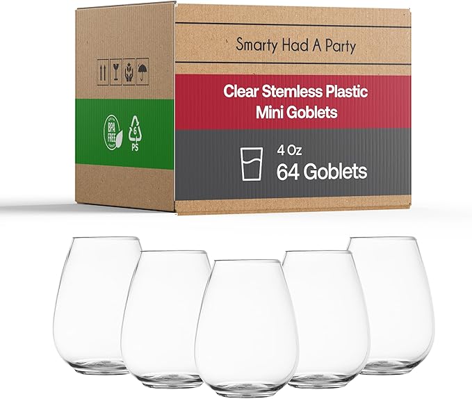 Smarty Had A Party 4 oz Disposable Stemless Wine Glasses (80 Pieces) – Fancy Plastic Cups & Plastic Water Goblets for Wedding Bulk – Wine Glasses Disposable Classy for Toast, for Tastings and Parties
