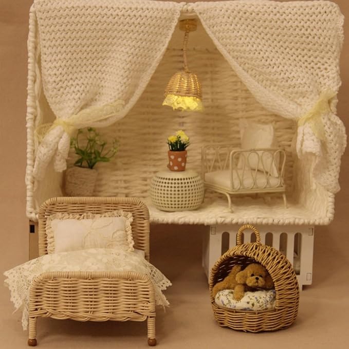 1:12 Dollhouse Furniture Bed, 1 Set Miniature Fairy Pastoral Style Brown Rattan Bed with Removable Lace Bedding, Modemn Bedroom Furniture Accessories Set