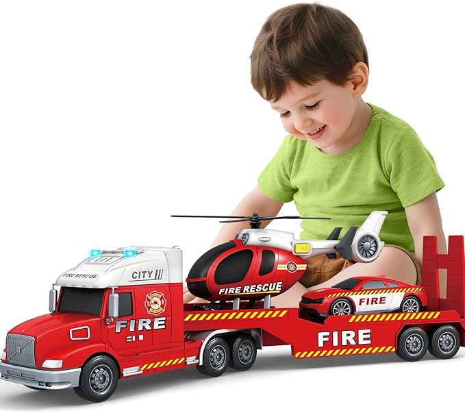 Kids Toys for 3 4 5 6 7 8 Years Old Boys, 27" Fire Truck Toy with Racing Car and Helicopter, Toddler Friction Powered Truck Vehicle Toy with Lights, Sounds for Boys Girls Christmas Birthday Gifts