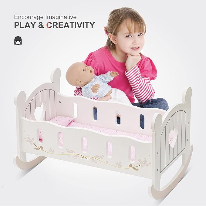 ROBOTIME Wooden Play Doll Cradle Rocking Baby Doll Crib, Reversible Doll Bedding for Toddler Girl,Fits Dolls Up to 20 Inches (White)