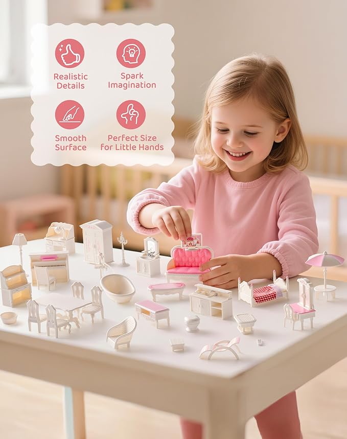 ROBOTIME 28PCS Dollhouse Furniture and Accessories Set, 1:12 Scale Doll House Mini Furniture Playset with Bedroom, Living Room, Bathroom Accessories, Pretend Play Furniture Toys Gift for Kids Girls
