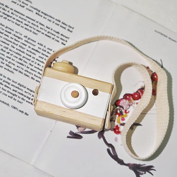 Baby Toy Wooden Mini Camera Toy, Baby Kids Cute Mini Sharpe Toy, Neck Hanging Photographed Props for Baby Toddlers Children Kids' Room Hanging Decor Gift (White-2)