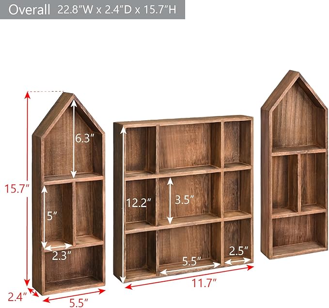 Ikee Design 3 Pcs Set Wooden Shadow Cubby Box Display Shelf Organizer Storage Shadow Box for Collectibles, Mini Figures, 17 compartments, Brown Color, 22.8W x 2.4D x 15.7H in