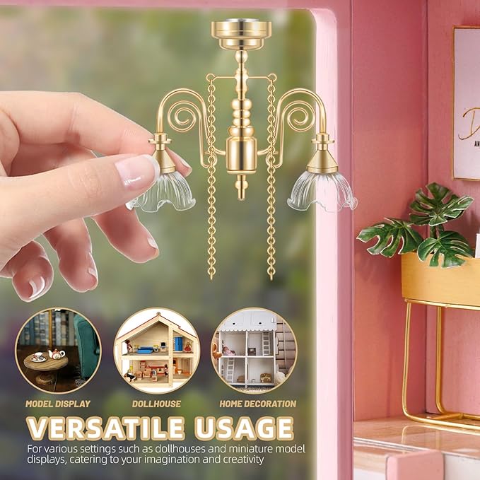 Toyvian Miniature Dollhouse Chandelier: 1/12 Scale Dollhouse Ceiling Lamp Led Battery Operated, Chrystaline Miniature Lamp for Doll House Decoration Accessories