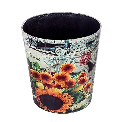 Scakbyer Leather Trash Can, Retro Decorative Waste Basket, 10L Capacity Small Waste Paper Basket, Waterproof Garbage Can for Bathroom, Bedroom, Office, Kitchen and Living Room - Sunflower