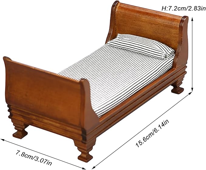 1/12 Dollhouse Bed Miniature Single Bed Vintage Woode Mini Bed for for 6 inch Dolls Dollhouse Bedroom Furniture with Bedding Fabric (Brown)