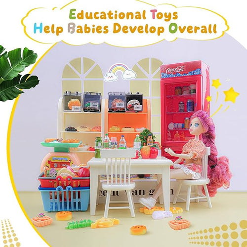 199PCS Mini Shopping Basket Cash Register Cake Donuts Storage Box Shelves Miniature Food Drink Toy Supermarket Metal Handcart Dollhouse Store Grocery Dessert Shop Accessories Trolley Party Model