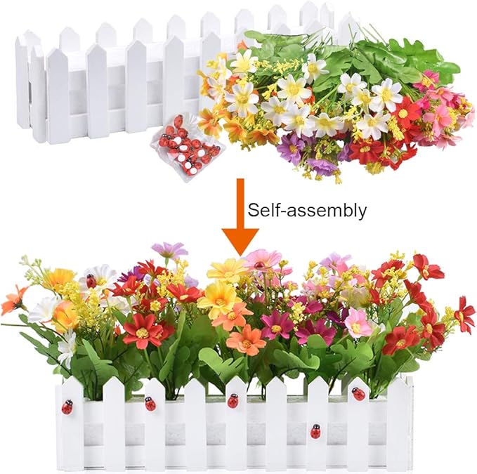 XONOR Artificial Flower Plants - Mixed Color Daisies in Picket Fence Pot for Indoor Office Wedding Home Decor, 2 Sets