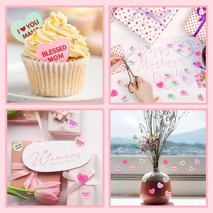 JUNEBRUSHS 120 Pcs Mothers Day Hearts Happy Mother's Day Mini Resin Heart Table Scatter Heart Confetti for Vase Filler Crafts Party Centerpiece Decorations