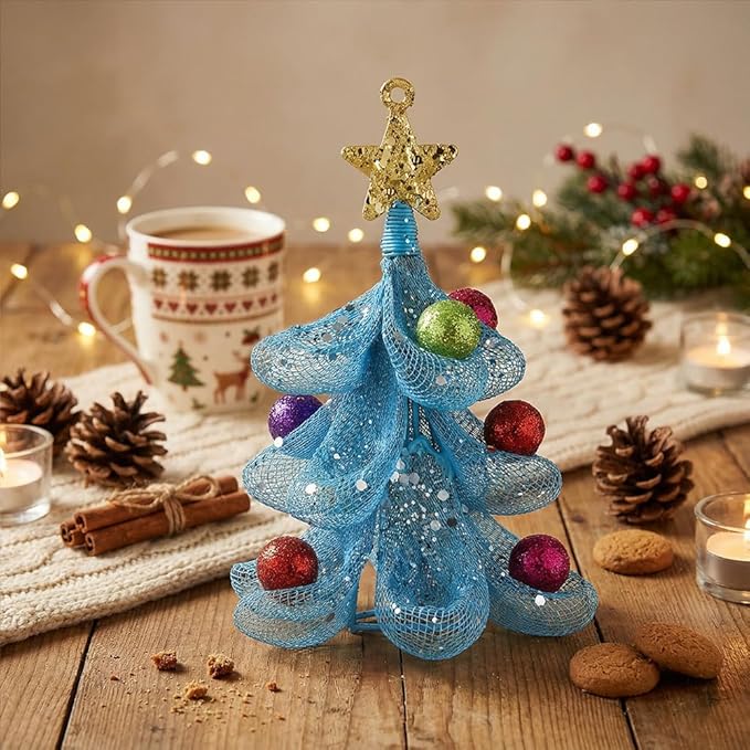 XMIAOX Mini Metal Christmas Tree, 5.9" Handcrafted Wire Mesh Tree Tabletop Hanging Ornament with Star Tree Topper & Colorful Glitter Balls, Sparkling Holiday Decoration for Desk, Shelf & Home Décor