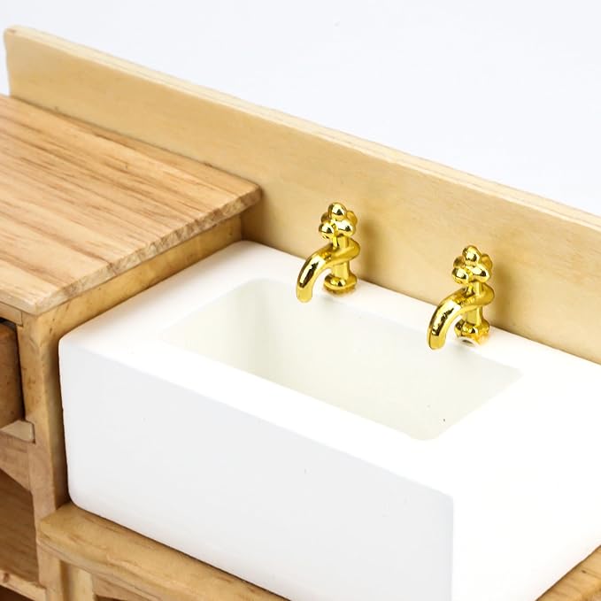 Dollhouse Sink 1/12 Scale Miniature Furniture Bathroom Mini Kitchen Sink with Cabinet Set Dolls House Wooden Accessory Doll Farmhouse Accessories