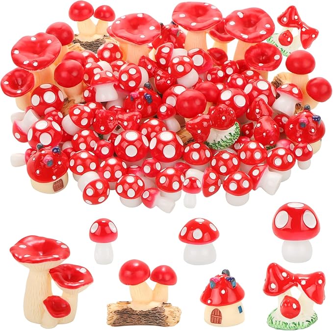 65 Pieces Mini Mushrooms Figurines Red Tiny Resin Mushroom Decor for Fairy Graden Craft Fake Mushrooms Moss Landscape DIY Terrarium Cake Topper Party Decoration Home Decor