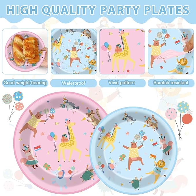 96Pcs Animal Parade Party Supplies Pastel Animal Parade Paper Plates and Napkins Jungle Safari Theme Tableware Decorations Set for Kids Girls Birthday Baby Shower Celebration Party Favor Serves 24