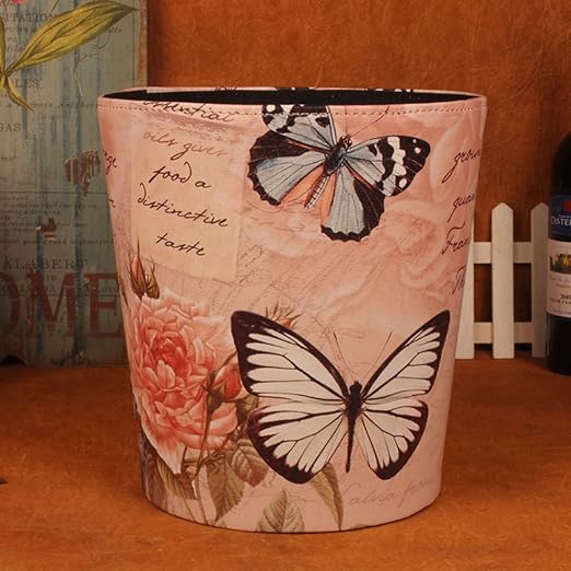 Scakbyer 10L/2.64 Gallon Trash Can, Decorative Waste Basket, PU Leather Waste Paper Basket, Waterproof Garbage Can for Bathroom, Bedroom, Office, Kitchen and Living Room - Butterfly and Rose