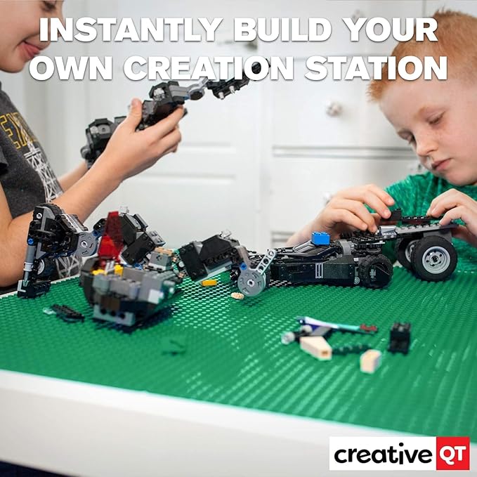 Creative QT Build-on-Wall Peel-and-Stick Baseplates - 10 x 10 in, Green, 4-Pack - Stackable Block Play & Creative Building Toys on Play Tables & Walls - Compatible with All Major Brick Brands