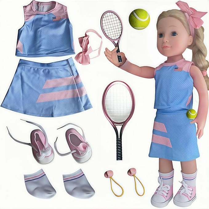 Wenzhuo 18inch Doll Clothes and accessories-18 Dolls Tennis Sports Outfits-Tops, Short Skirt, Headbands, Hair Band，Doll Socks, Dolls Shoes, Rackets, Ball
