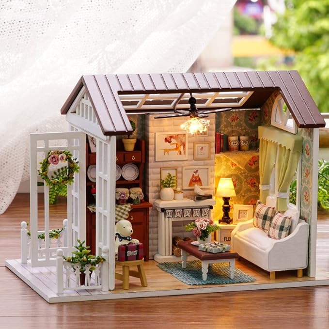 DIY Miniature Dollhouse Kits - Wooden Mini Model House with LED Lights, Tiny Furniture & Accessories – Craft Building Kits for Adults – Birthday Christmas Valentine's Gift- Happy Time