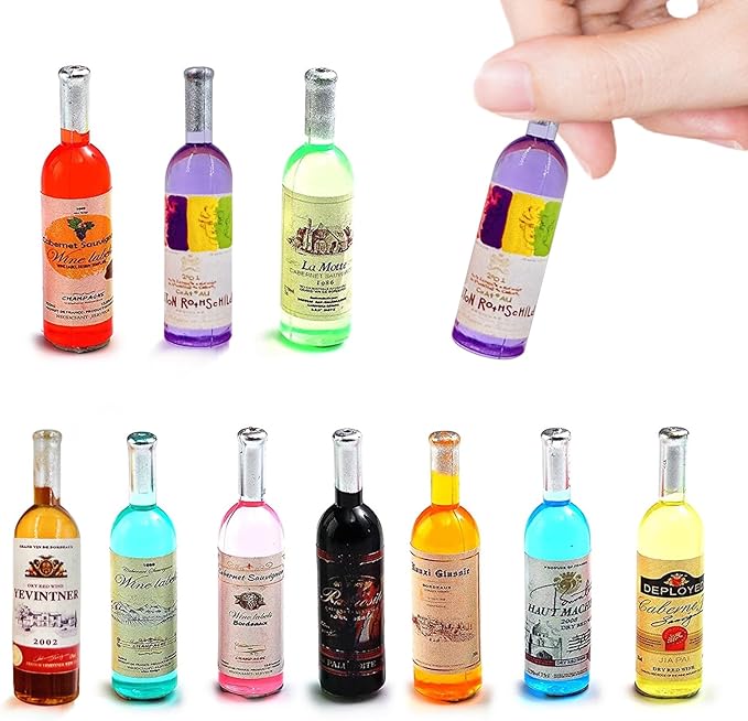 10Pcs 1:12 Scale Mini Miniature Bottles Wine Bottles miniverse Make it Mini Food Mini House Drink Accessories Dollhouse Decoration (10pcs Non-Repeating)