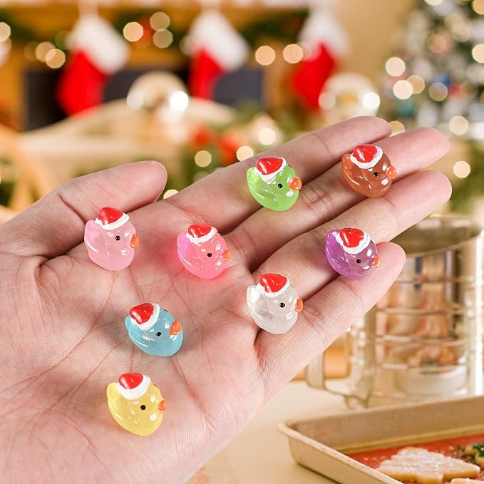 160Pcs Christmas Mini Resin Ducks Luminous Miniature Xmas Hat Animals Glow in The Dark Bulk for Micro Fairy Garden Dollhouse Decor Small Party DIY Slime Kit Prank Game Tiny Figure