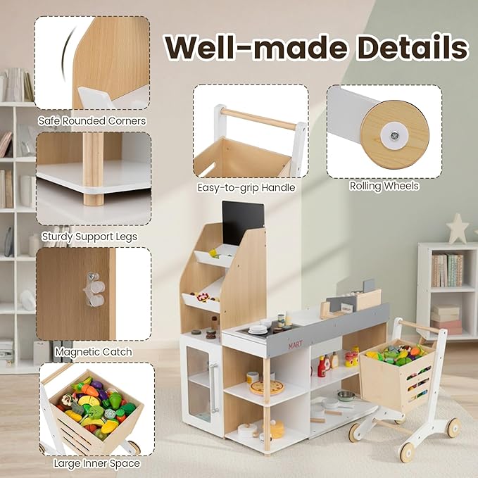 Costzon Grocery Store Pretend Play, Wooden Play Store, Toddler Supermarket Playset with Cash Register, Vending Machine, Chalkboard, Kids Grocery Store Playset, Gift for Boys & Girls