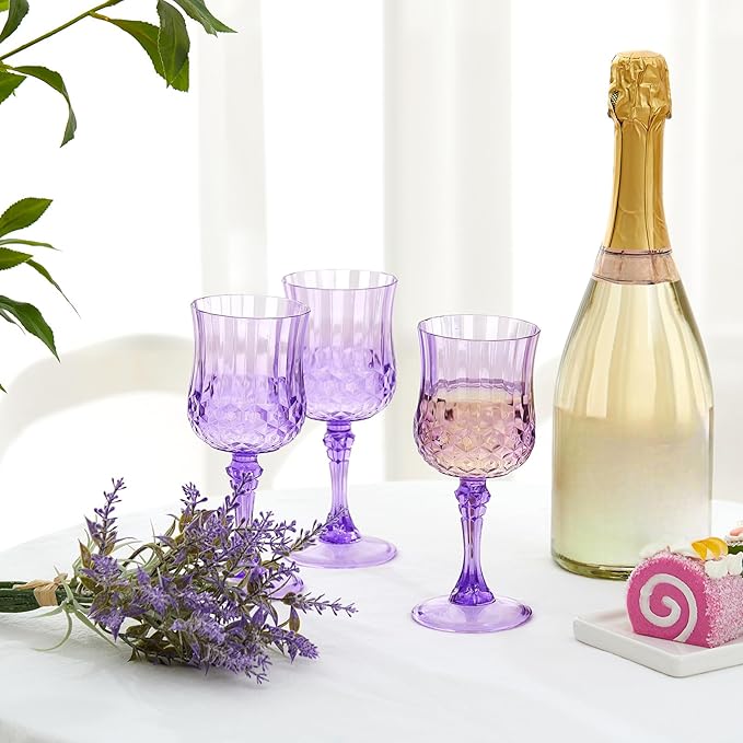 Pinkunn 12 Pcs 7 oz Plastic Vintage Wine Glasses Reusable Colored Goblets Patterned Drinking Water Glasses Cup Dishwasher Safe for Valentine's Day Wedding Reception Party Supplies (Purple)