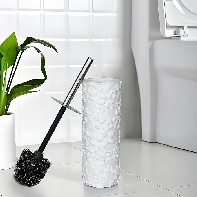Indecor Home White Floral Design Resin Toilet Bowl Holder and Brush Set, Stylish Bathroom Cleaning Tool with Durable Bristles, Compact and Functional