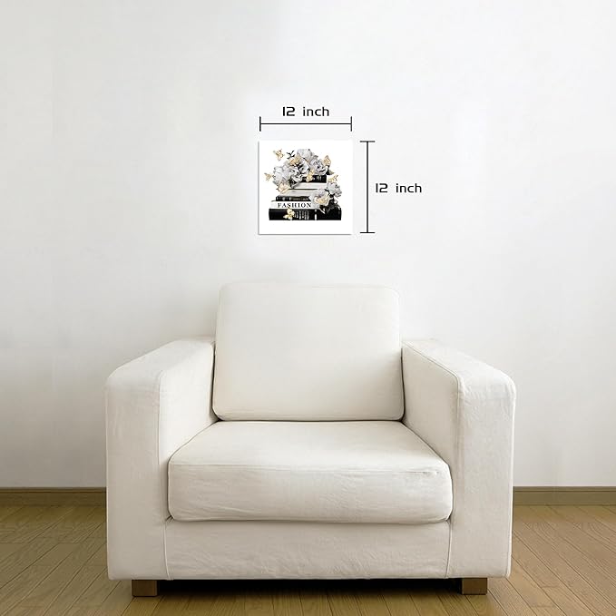Dream Land Fashion Books Flower Wall Art: Black White Book Stack Picture 12"x12" Glam Gold Foils Butterfly Canvas Prints