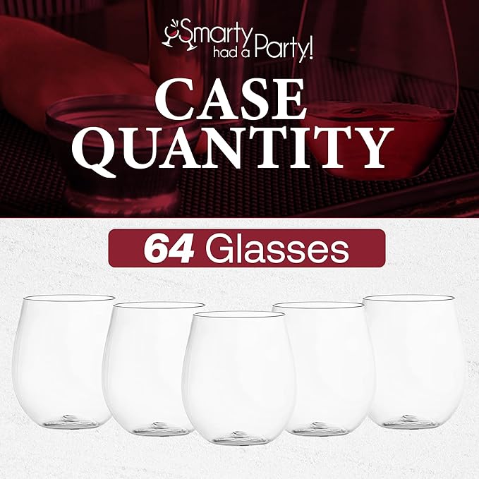Smarty Had A Party 64 Piece Clear Disposable Stemless Wine Glasses – 12 oz Clear Plastic Cups – Nice Disposable Cups, Plastic Spritz Glasses for Weddings, Birthdays, Parties & All Events
