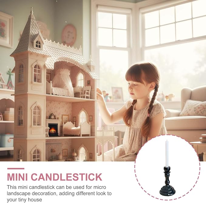 3-Piece Dollhouse Miniature Candle Holder Set, Vintage Style Simulation Candlesticks, 1/12 Scale Candles for Doll House Desk Ornament & Fairy Garden Decor (Black)