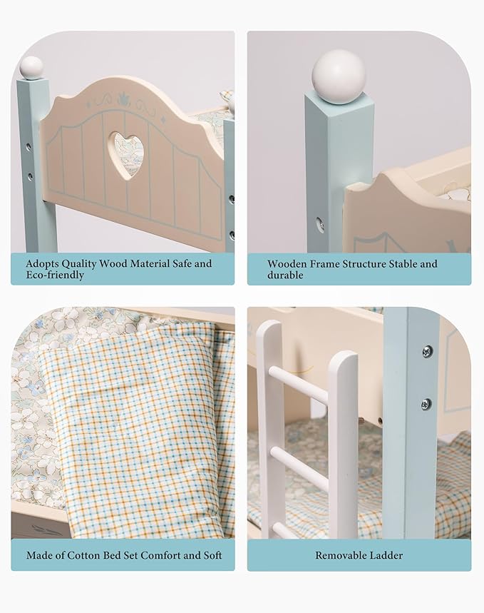 ROBUD Baby Doll Crib, Wooden Baby Doll Beds for 20 Inch Dolls, Blue Baby Doll Bunk Beds with Tulle, American Girl Doll Bed for Gifts, WRP10