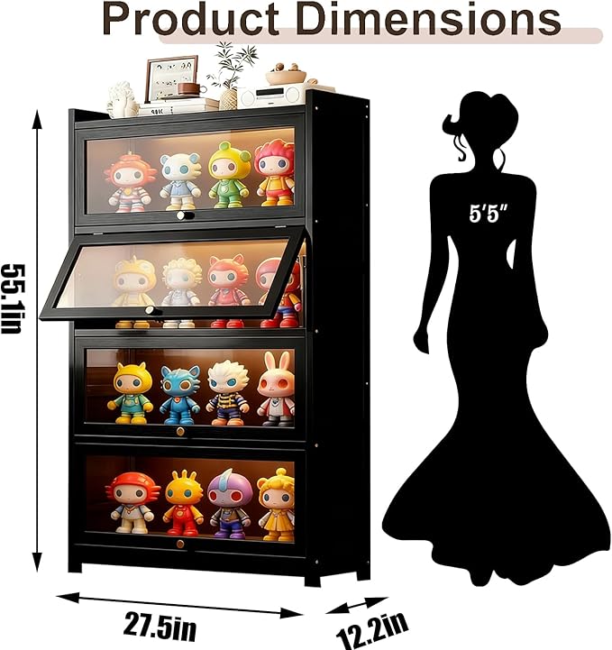 Curio Display Cabinet with Acrylic Glass Door, Large Capacity Storage Cabinet Collectibles Toy Organizers Rack & Display Shelf, Kids Bookshelf and Bookcase for Playroom, Bedroom