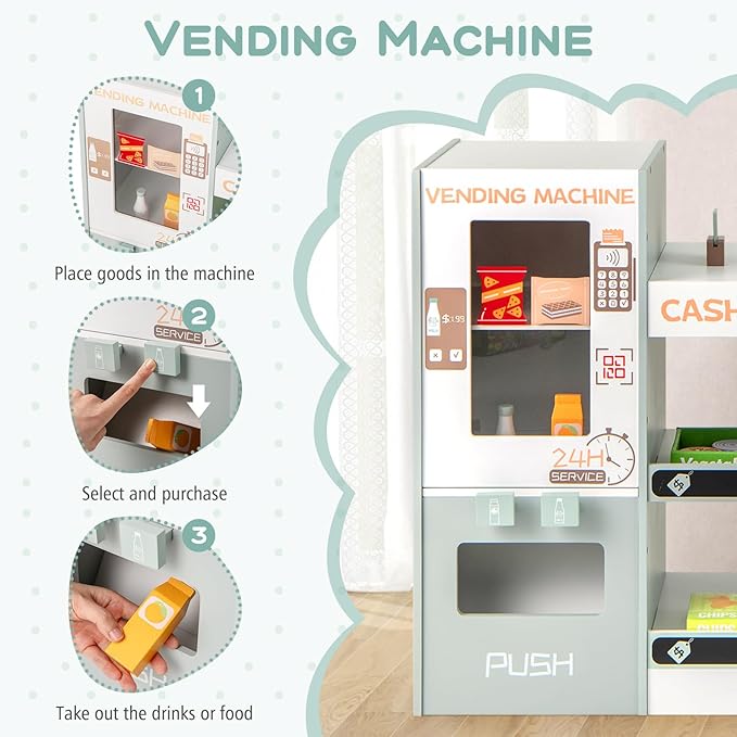 Costzon Kids Grocery Store Playset, Wooden Play Store w/Checkout Counter, Cash Register, Vending Machine, Coffee Maker & Play Food Accessories, Grocery Pretend Play Toy for Boys & Girls