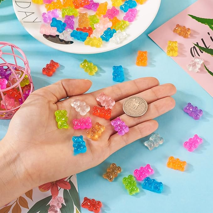 Beadthoven 90pcs Luminous Gummy Bears Beads Flatback Buttons No Hole Glow in The Dark Bear Resin Charms for Jewelry Making DIY Crafts Earrings Ring Hair Clip Accessories Decoden Phone Case Decoration