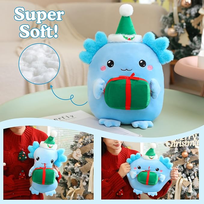 Christmas Axolotl Plush, Cute Axolotl Holding Gift Stuffed Animals Christmas Day Decor Party Favors for Kids & Adults (Blue)